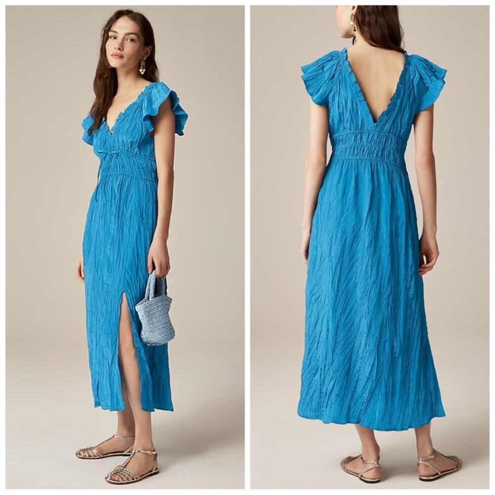 J Crew Palermo Viscose Blend Crinkle Sea Blue Travel Midi Dress Size LP NWT